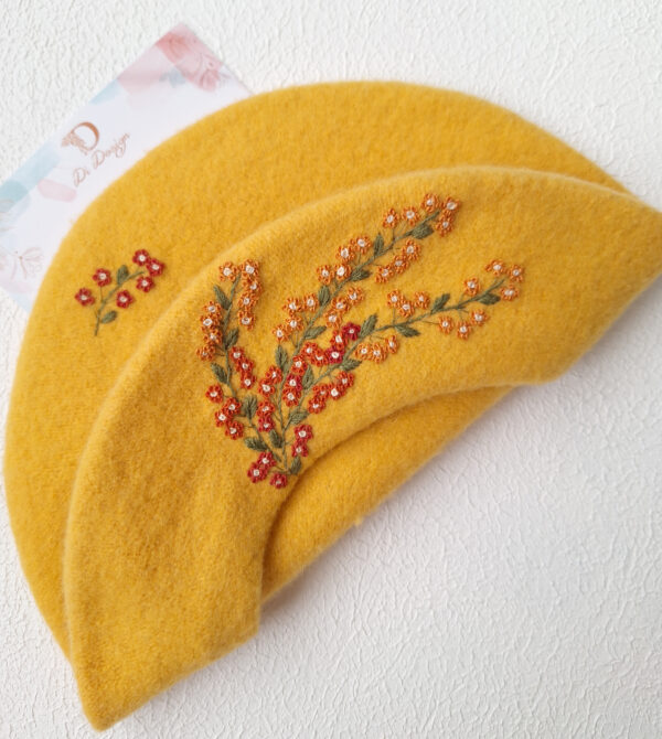 Flowers Yellow Hand Embroidered 100% Wool French Hat Winter Cap Warm Beret Vintage French Beret Girl Accessory Gift For Her painter Xmas